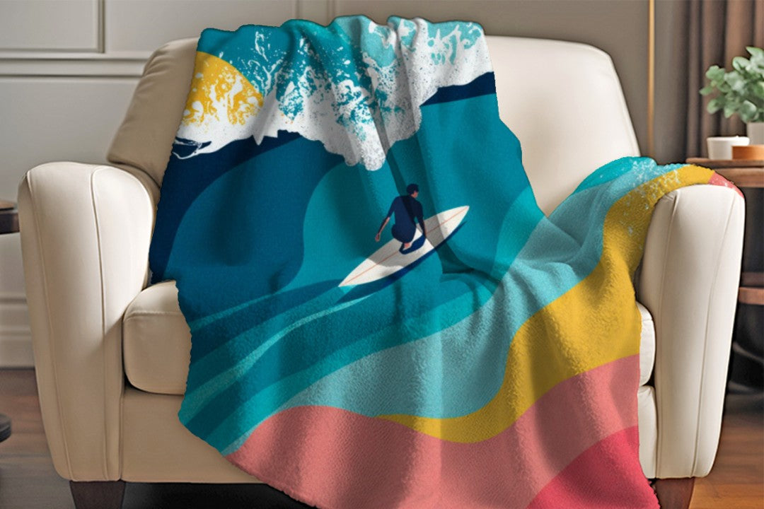Surfer Ocean Sherpa Blanket, Modern Surf Throw, Abstract Wave Cozy Surfing Blanket, Coastal Beach House Decor