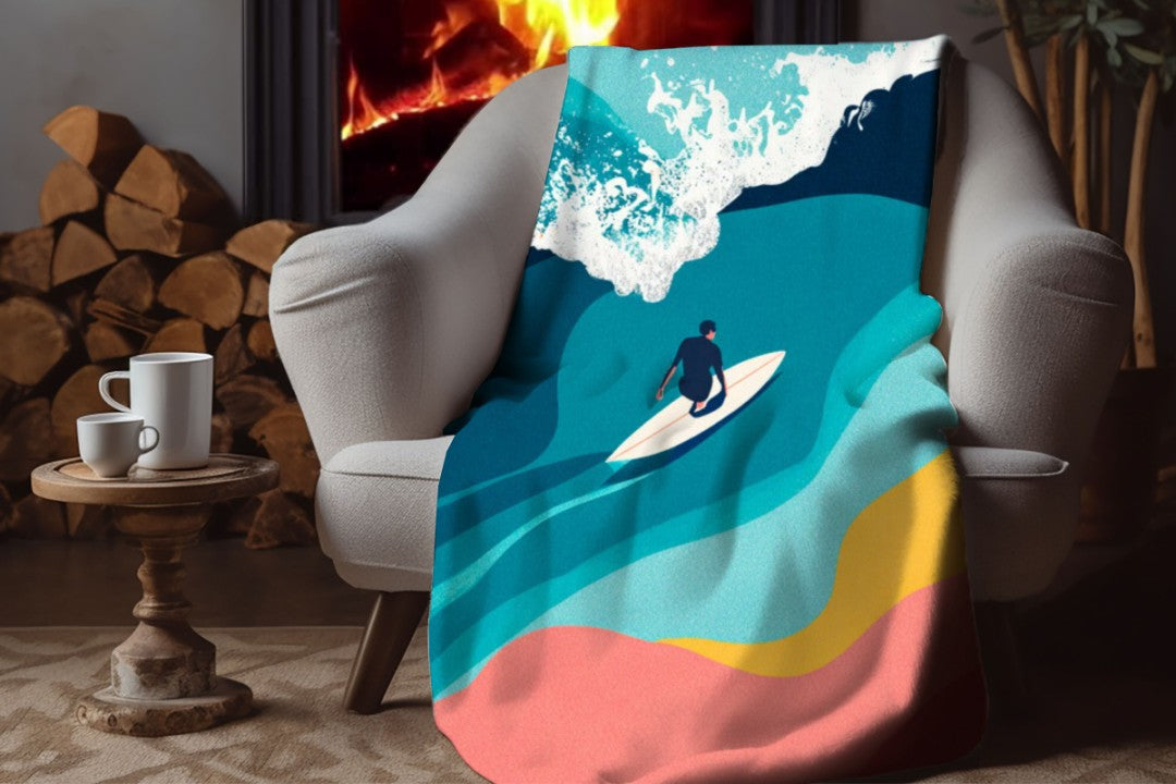 Surfer Ocean Sherpa Blanket, Modern Surf Throw, Abstract Wave Cozy Surfing Blanket, Coastal Beach House Decor