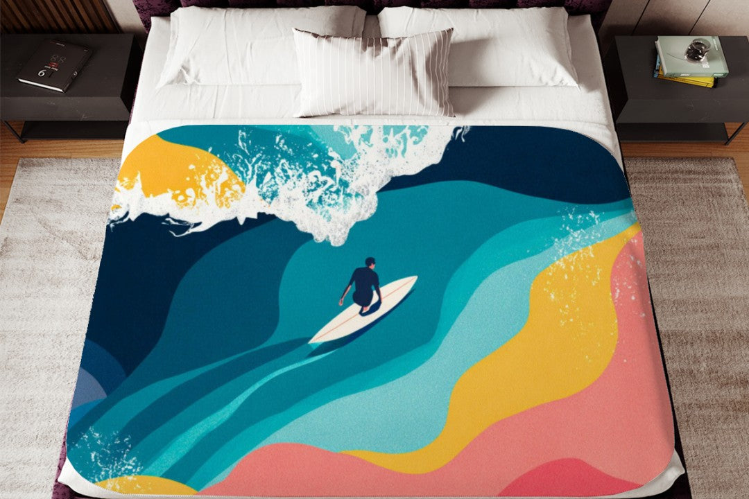 Surfer Ocean Sherpa Blanket, Modern Surf Throw, Abstract Wave Cozy Surfing Blanket, Coastal Beach House Decor