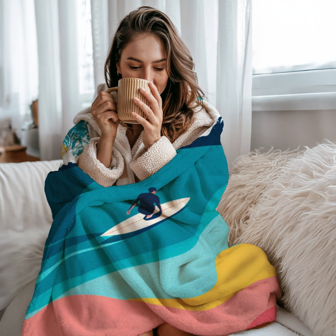 Surfer Ocean Sherpa Blanket, Modern Surf Throw, Abstract Wave Cozy Surfing Blanket, Coastal Beach House Decor