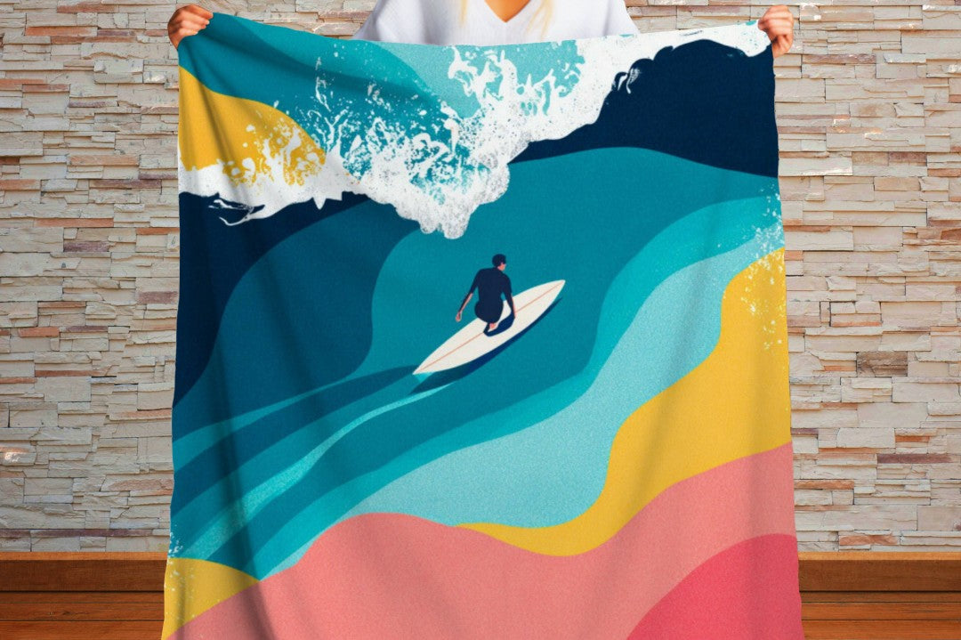 Surfer Ocean Sherpa Blanket, Modern Surf Throw, Abstract Wave Cozy Surfing Blanket, Coastal Beach House Decor