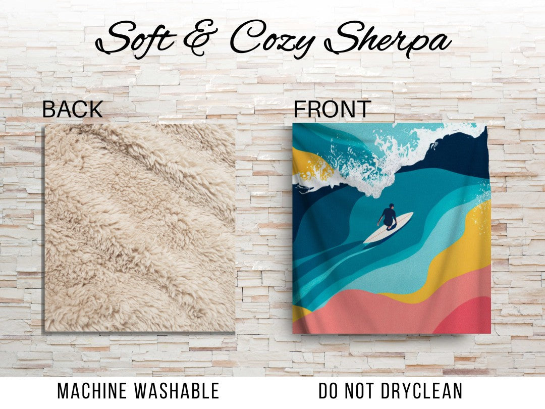 Surfer Ocean Sherpa Blanket, Modern Surf Throw, Abstract Wave Cozy Surfing Blanket, Coastal Beach House Decor