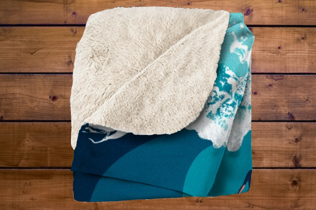 Surfer Ocean Sherpa Blanket, Modern Surf Throw, Abstract Wave Cozy Surfing Blanket, Coastal Beach House Decor