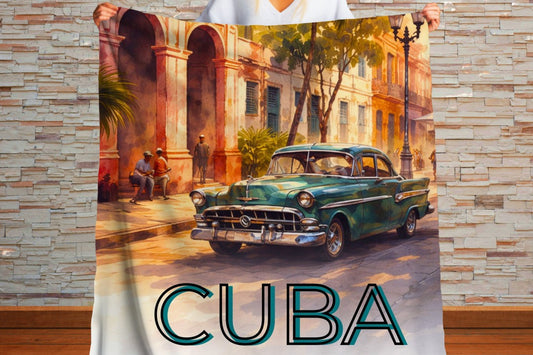 Cuba Vintage Sherpa Blanket, Havana Classic Car Art Blanket, Cuban Street Scene Throw, Retro Travel Decor Blanket, Cozy Sherpa Gift