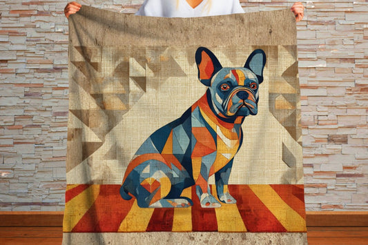 French Bulldog Sherpa Blanket, Patchwork Dog Art Throw, Colorful Quilt Style Frenchie Blanket, Cozy Dog Lover Gift, Cottagecore Pet Decor