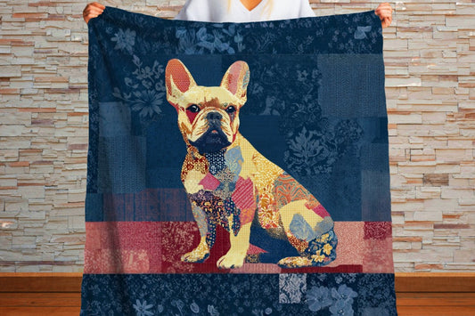 French Bulldog Sherpa Blanket, Patchwork Dog Art Throw, Colorful Quilt Style Frenchie Blanket, Cozy Dog Lover Gift, Cottagecore Pet Decor