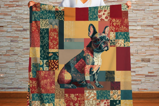 French Bulldog Sherpa Blanket, Patchwork Dog Art Throw, Colorful Quilt Style Frenchie Blanket, Cozy Dog Lover Gift, Cottagecore Pet Decor