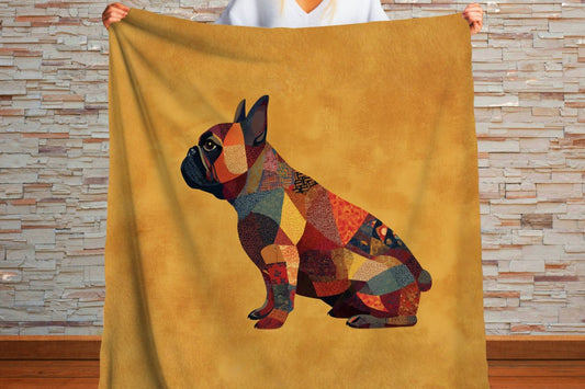 French Bulldog Sherpa Blanket, Patchwork Dog Art Throw, Colorful Quilt Style Frenchie Blanket, Cozy Dog Lover Gift, Cottagecore Pet Decor