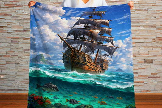 Pirate Ship Sherpa Blanket | Nautical Sailing Ship Throw | Ocean Adventure Decor | Vintage Maritime Art Gift