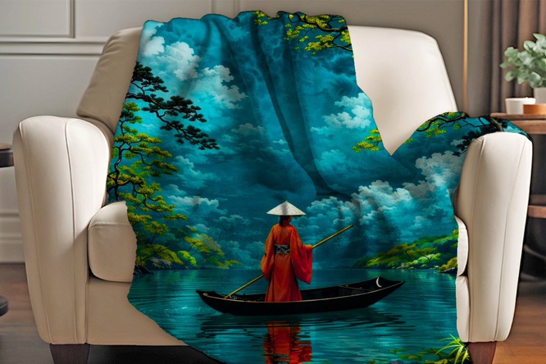 Japanese Serenity Sherpa Blanket | Zen Boat Landscape Throw | Tranquil Asian Art | Peaceful Nature Decor Gi
