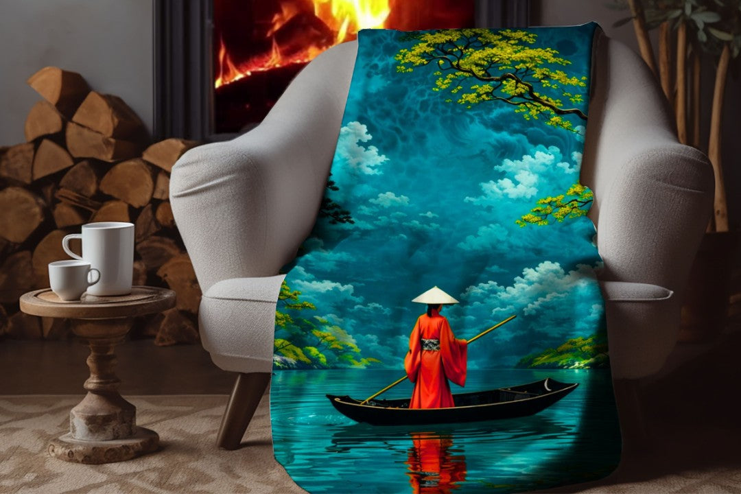 Japanese Serenity Sherpa Blanket | Zen Boat Landscape Throw | Tranquil Asian Art | Peaceful Nature Decor Gi