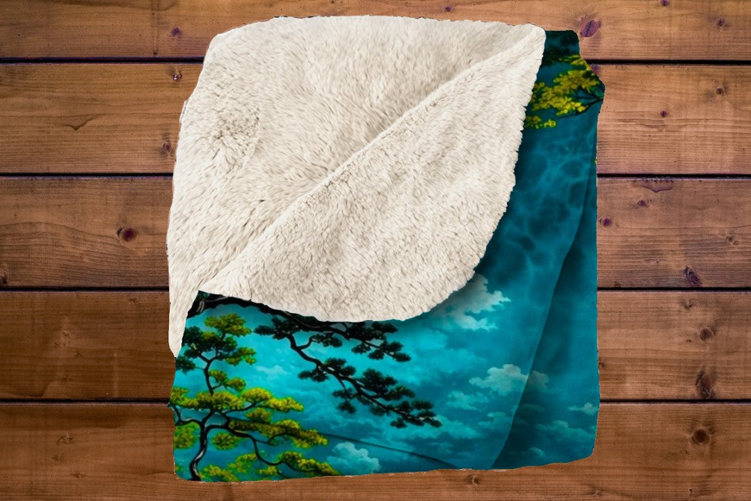 Japanese Serenity Sherpa Blanket | Zen Boat Landscape Throw | Tranquil Asian Art | Peaceful Nature Decor Gi