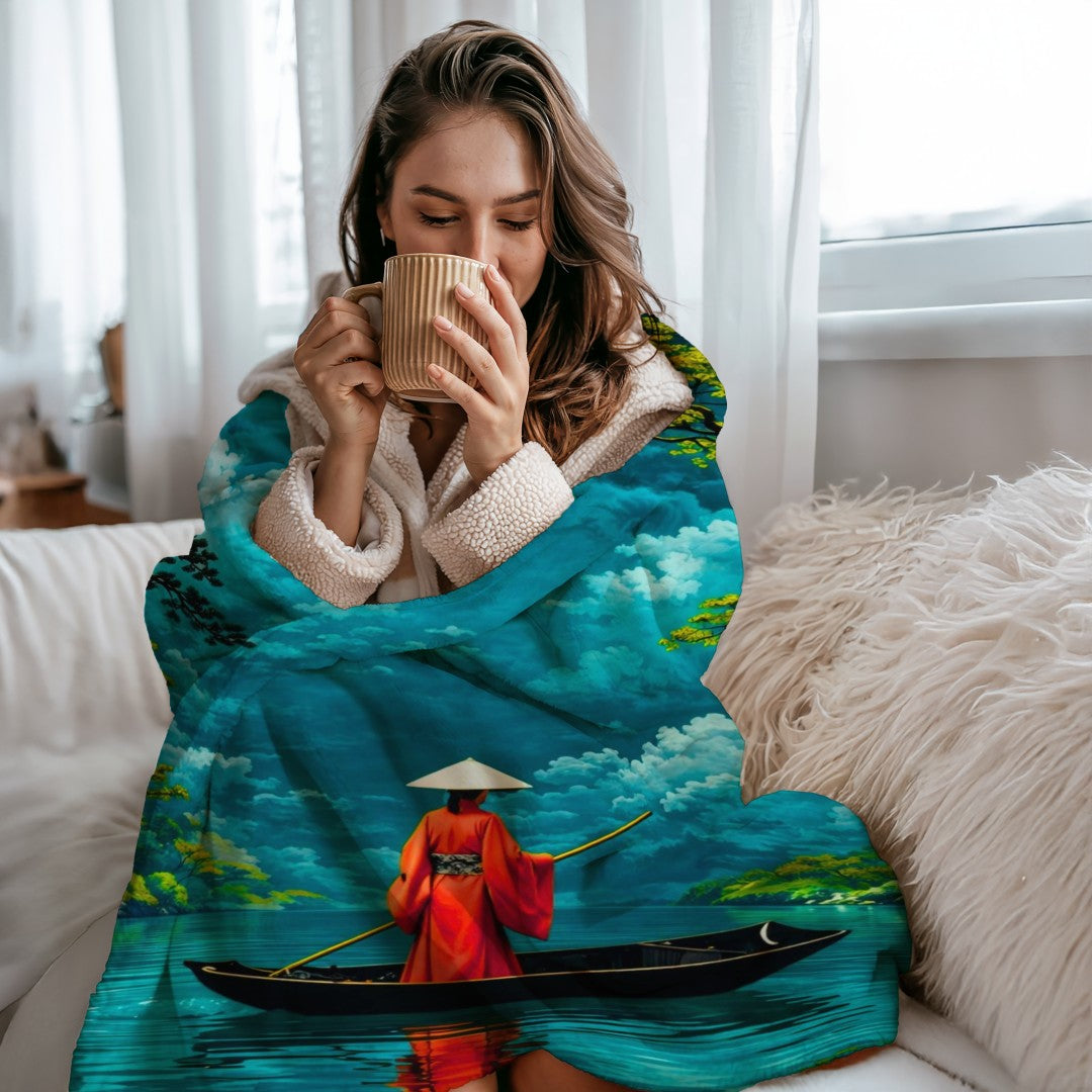 Japanese Serenity Sherpa Blanket | Zen Boat Landscape Throw | Tranquil Asian Art | Peaceful Nature Decor Gi