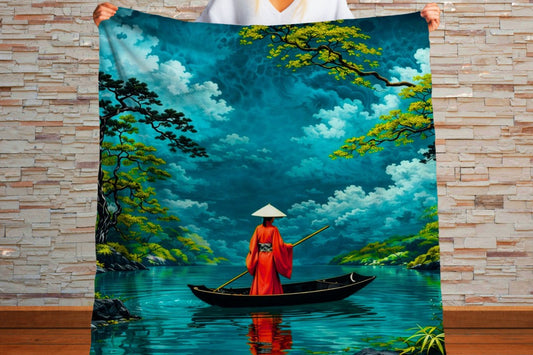 Japanese Serenity Sherpa Blanket | Zen Boat Landscape Throw | Tranquil Asian Art | Peaceful Nature Decor Gi
