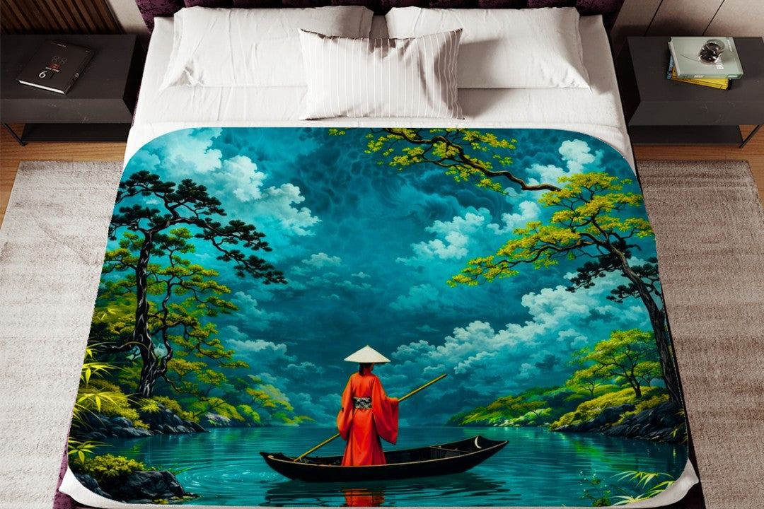 Japanese Serenity Sherpa Blanket | Zen Boat Landscape Throw | Tranquil Asian Art | Peaceful Nature Decor Gi