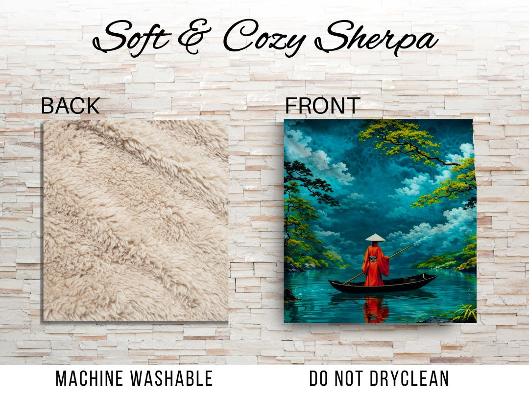 Japanese Serenity Sherpa Blanket | Zen Boat Landscape Throw | Tranquil Asian Art | Peaceful Nature Decor Gi