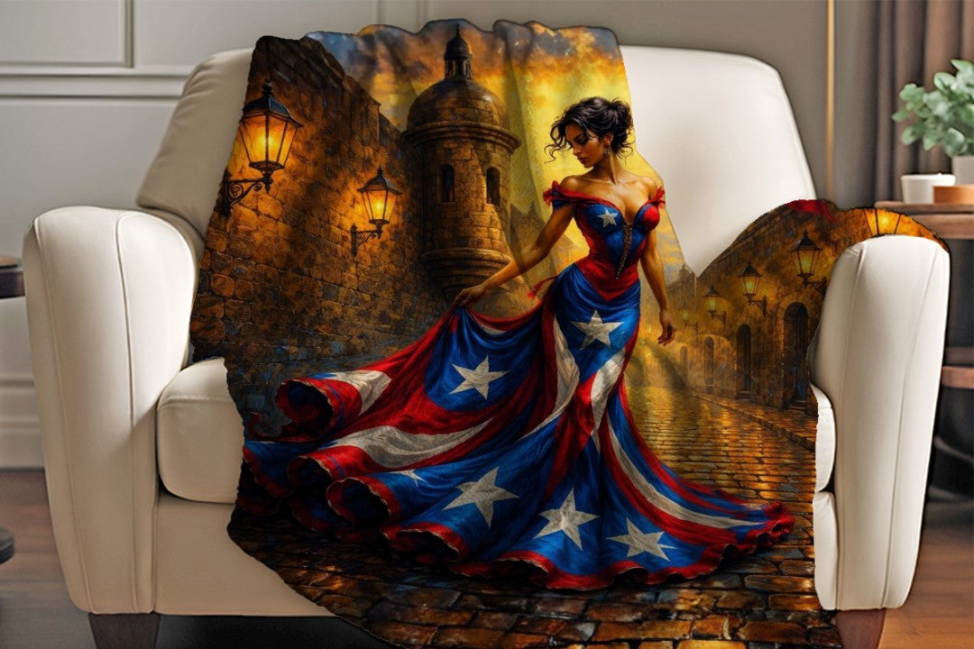 Puerto Rico Sherpa Blanket | Boricua Flag Art Throw | Puerto Rican Woman Painting | Caribbean Decor Gift