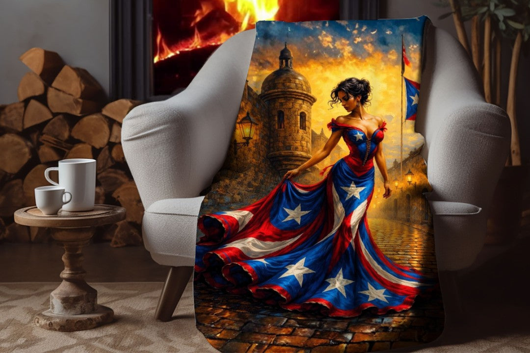 Puerto Rico Sherpa Blanket | Boricua Flag Art Throw | Puerto Rican Woman Painting | Caribbean Decor Gift