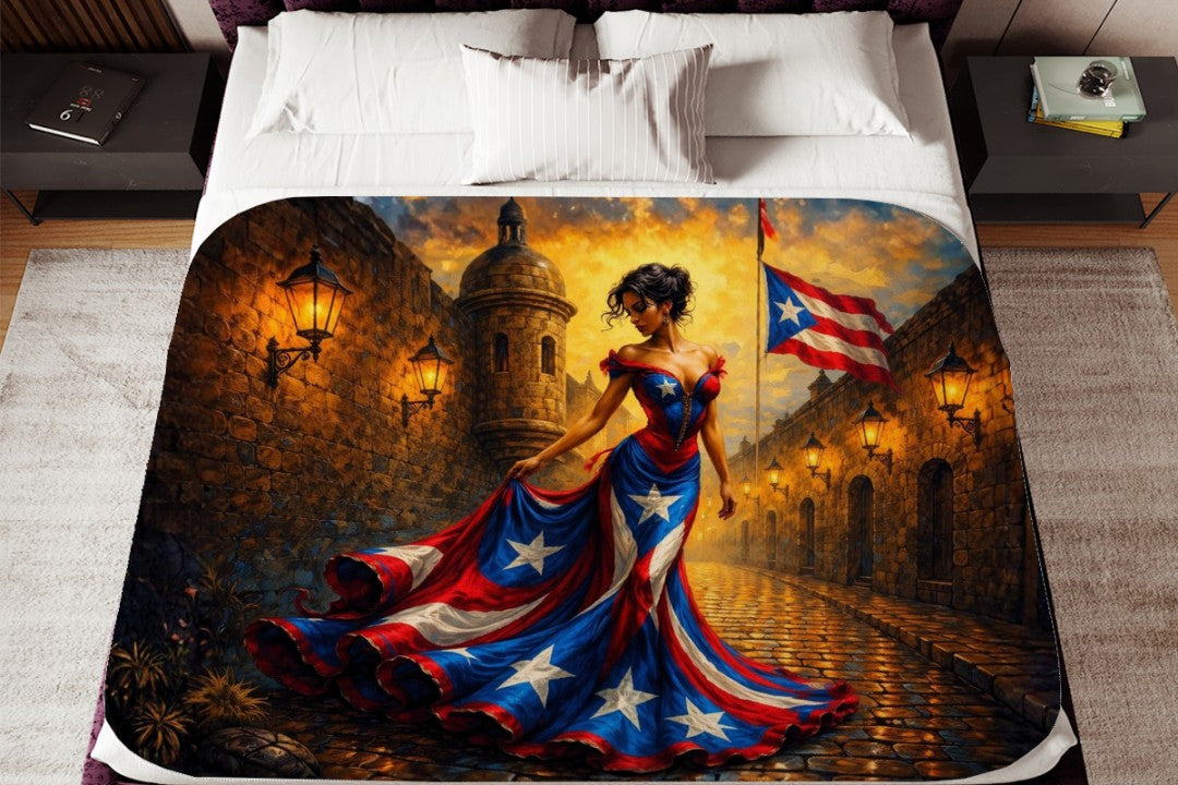Puerto Rico Sherpa Blanket | Boricua Flag Art Throw | Puerto Rican Woman Painting | Caribbean Decor Gift