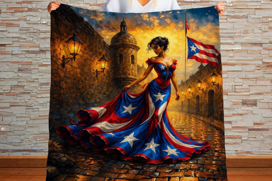 Puerto Rico Sherpa Blanket | Boricua Flag Art Throw | Puerto Rican Woman Painting | Caribbean Decor Gift