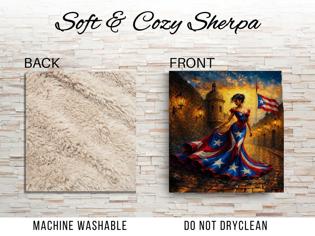 Puerto Rico Sherpa Blanket | Boricua Flag Art Throw | Puerto Rican Woman Painting | Caribbean Decor Gift