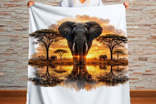 African Elephant Sherpa Blanket Rust Colors, White and Amber Tones, Cozy Home Decor Throw, Gift for Elephant Lovers,