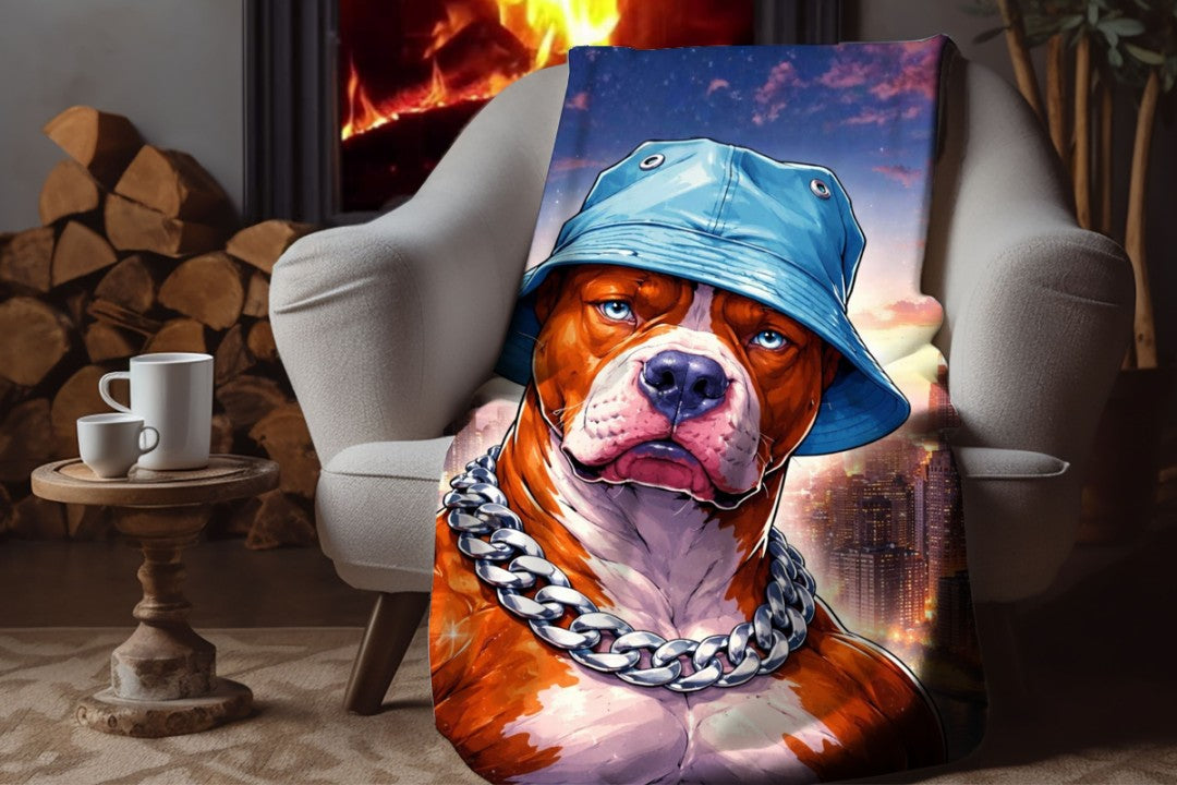 Gangster Dog Sherpa Blanket, Street Style Pitbull Throw, Urban Hip Hop Dog Art, NYC Skyline Blanket, Bold Modern Pet Lover Gift