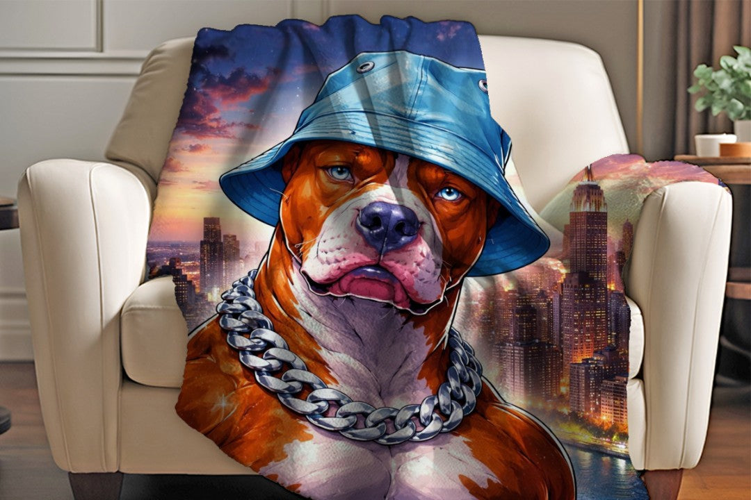 Gangster Dog Sherpa Blanket, Street Style Pitbull Throw, Urban Hip Hop Dog Art, NYC Skyline Blanket, Bold Modern Pet Lover Gift