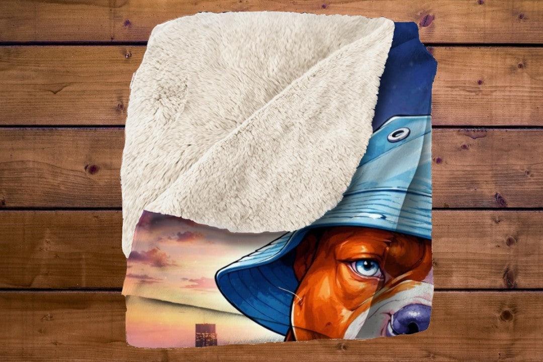 Gangster Dog Sherpa Blanket, Street Style Pitbull Throw, Urban Hip Hop Dog Art, NYC Skyline Blanket, Bold Modern Pet Lover Gift