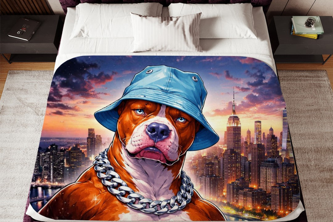 Gangster Dog Sherpa Blanket, Street Style Pitbull Throw, Urban Hip Hop Dog Art, NYC Skyline Blanket, Bold Modern Pet Lover Gift
