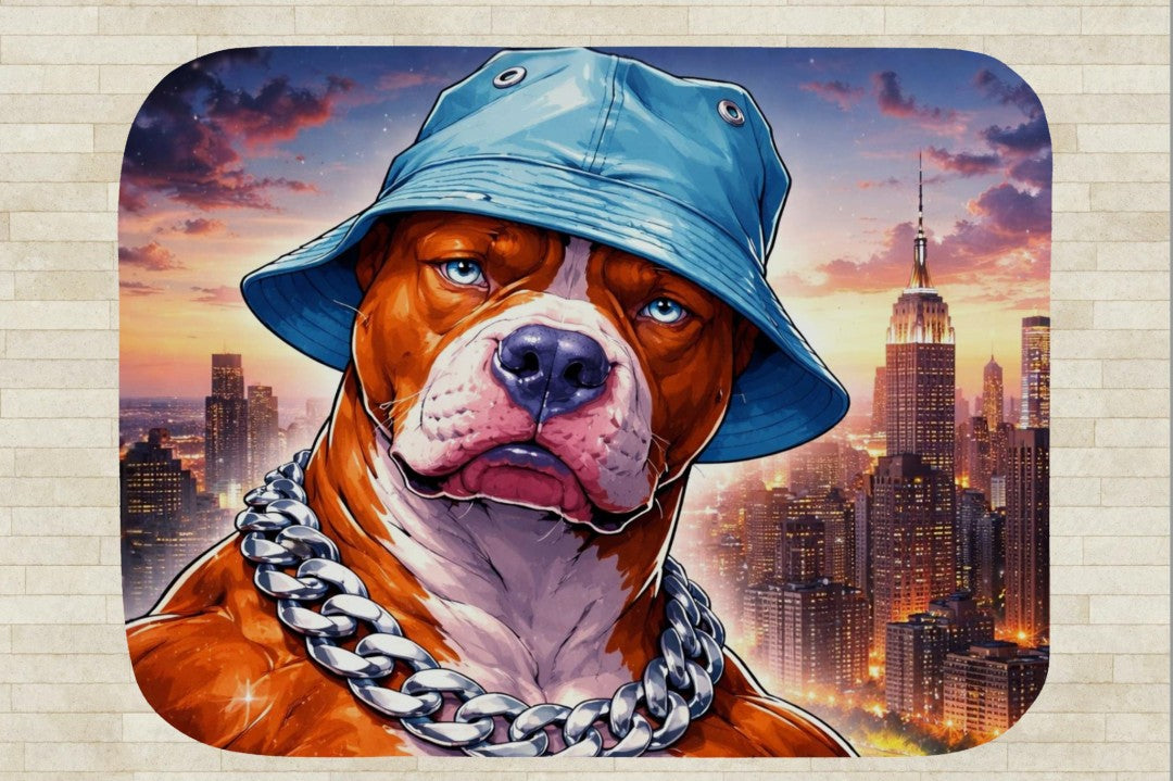 Gangster Dog Sherpa Blanket, Street Style Pitbull Throw, Urban Hip Hop Dog Art, NYC Skyline Blanket, Bold Modern Pet Lover Gift