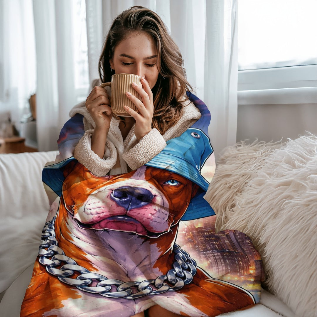 Gangster Dog Sherpa Blanket, Street Style Pitbull Throw, Urban Hip Hop Dog Art, NYC Skyline Blanket, Bold Modern Pet Lover Gift