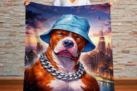 Gangster Dog Sherpa Blanket, Street Style Pitbull Throw, Urban Hip Hop Dog Art, NYC Skyline Blanket, Bold Modern Pet Lover Gift