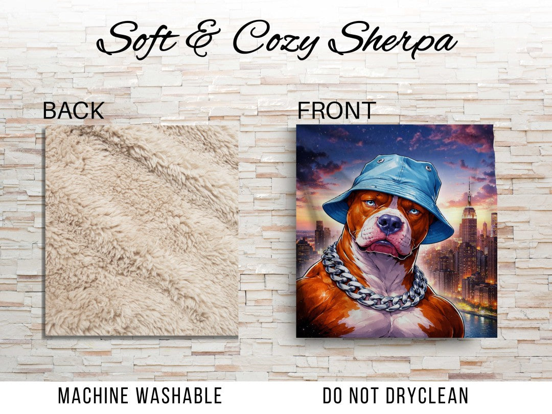 Gangster Dog Sherpa Blanket, Street Style Pitbull Throw, Urban Hip Hop Dog Art, NYC Skyline Blanket, Bold Modern Pet Lover Gift