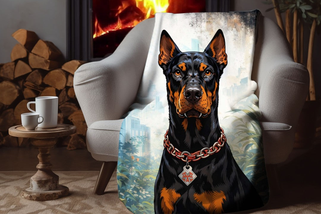 Doberman Sherpa Blanket, Bold Urban Dog Throw, Wet Look Comic Art Blanket, Modern Street Decor, Powerful Pet Lover Gift