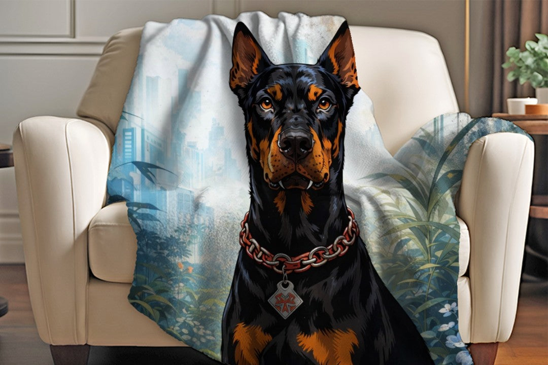 Doberman Sherpa Blanket, Bold Urban Dog Throw, Wet Look Comic Art Blanket, Modern Street Decor, Powerful Pet Lover Gift