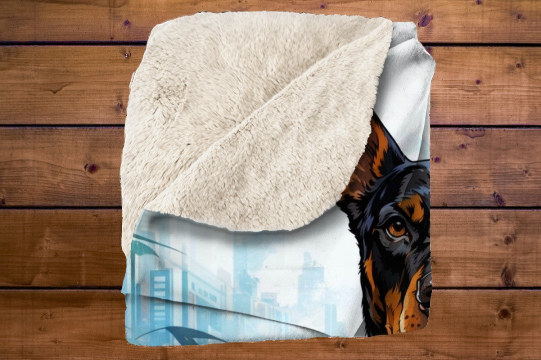 Doberman Sherpa Blanket, Bold Urban Dog Throw, Wet Look Comic Art Blanket, Modern Street Decor, Powerful Pet Lover Gift