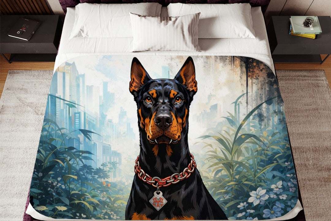 Doberman Sherpa Blanket, Bold Urban Dog Throw, Wet Look Comic Art Blanket, Modern Street Decor, Powerful Pet Lover Gift