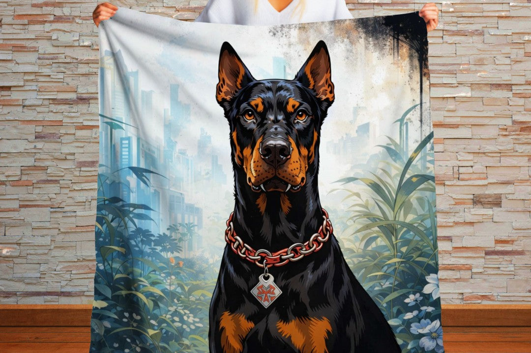 Doberman Sherpa Blanket, Bold Urban Dog Throw, Wet Look Comic Art Blanket, Modern Street Decor, Powerful Pet Lover Gift