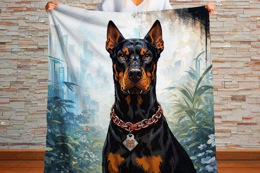 Doberman Sherpa Blanket, Bold Urban Dog Throw, Wet Look Comic Art Blanket, Modern Street Decor, Powerful Pet Lover Gift