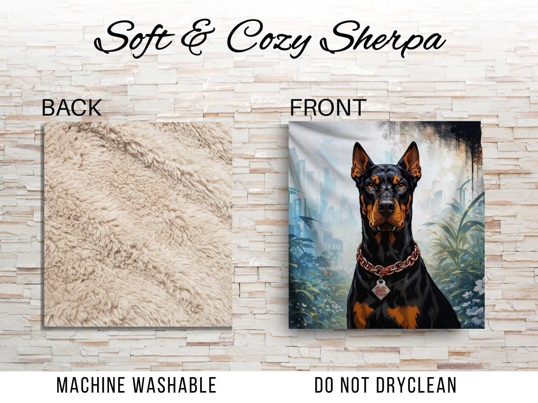 Doberman Sherpa Blanket, Bold Urban Dog Throw, Wet Look Comic Art Blanket, Modern Street Decor, Powerful Pet Lover Gift