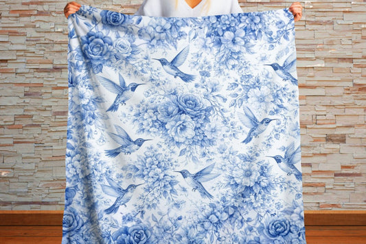 Blue Chinoiserie Sherpa Blanket, Toile Hummingbird Throw, Grandmillennial Decor, Blue and White Floral Blanket, Elegant Cottagecore Gift