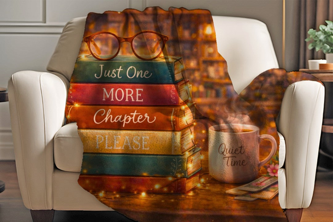 Cozy Book Lover Sherpa Blanket, Just One More Chapter Throw, Books and Coffee Gift, Reader Gift, Library Decor, Bibliophile Blanket