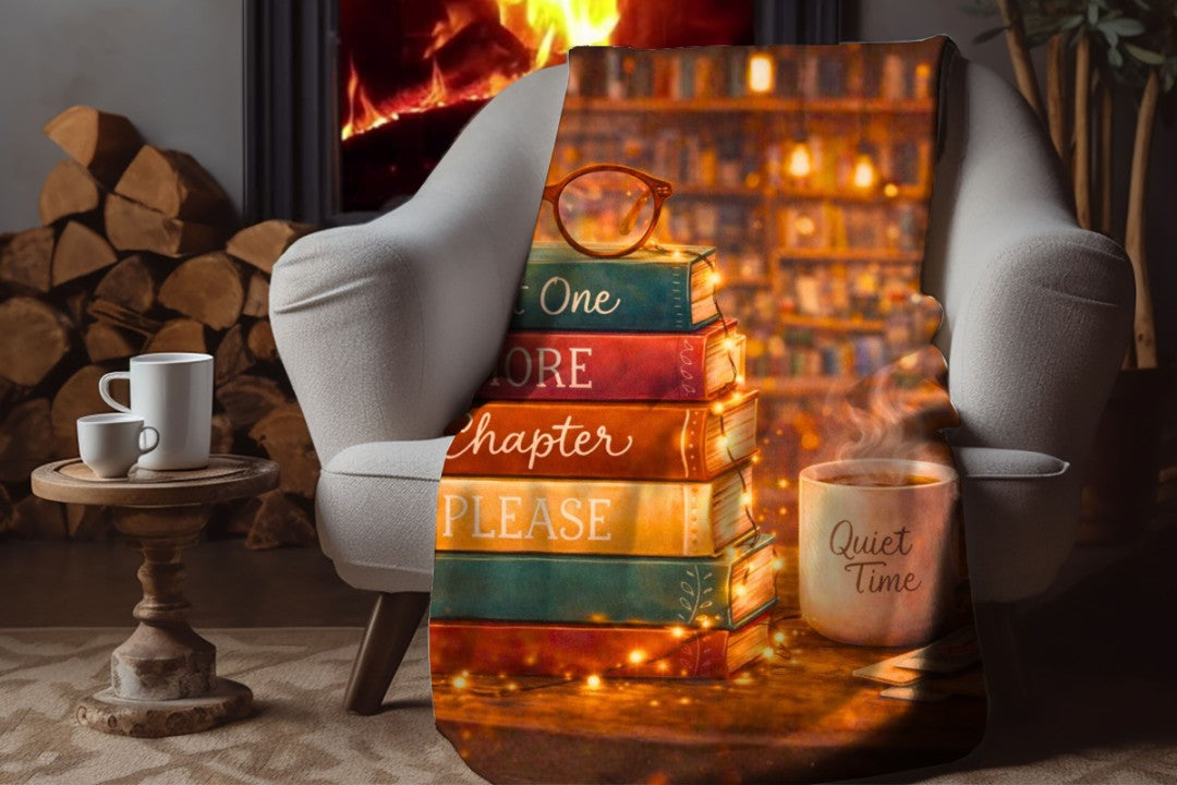 Cozy Book Lover Sherpa Blanket, Just One More Chapter Throw, Books and Coffee Gift, Reader Gift, Library Decor, Bibliophile Blanket