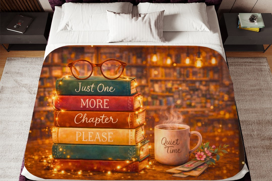 Cozy Book Lover Sherpa Blanket, Just One More Chapter Throw, Books and Coffee Gift, Reader Gift, Library Decor, Bibliophile Blanket