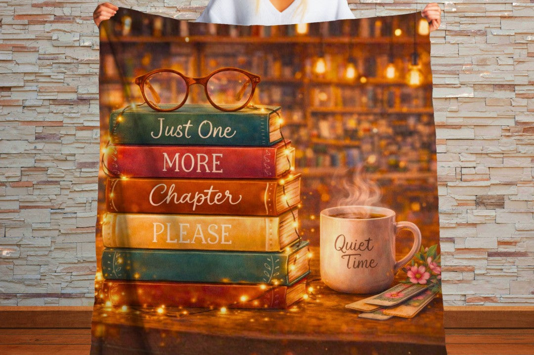 Cozy Book Lover Sherpa Blanket, Just One More Chapter Throw, Books and Coffee Gift, Reader Gift, Library Decor, Bibliophile Blanket