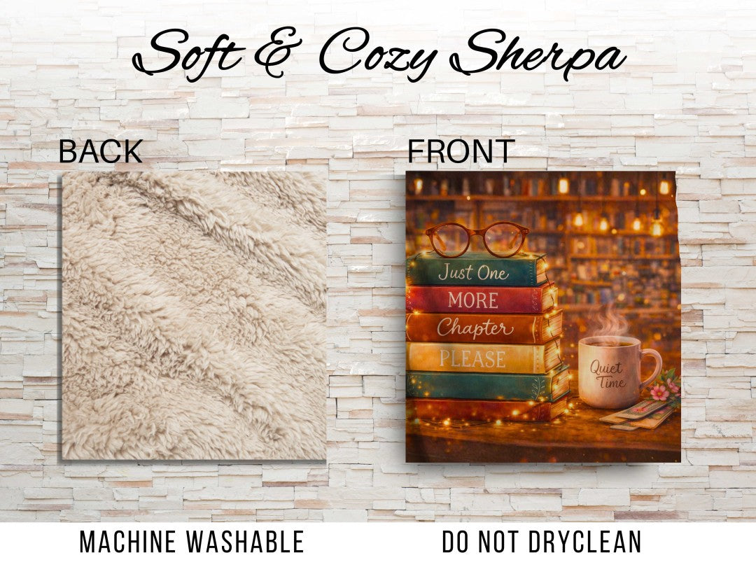 Cozy Book Lover Sherpa Blanket, Just One More Chapter Throw, Books and Coffee Gift, Reader Gift, Library Decor, Bibliophile Blanket