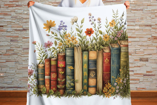 Vintage Books Floral Sherpa Blanket, Cottagecore Book Lover Throw, Wildflower Library Decor, Romantic Reader Gift, Cozy Bookish Blanket