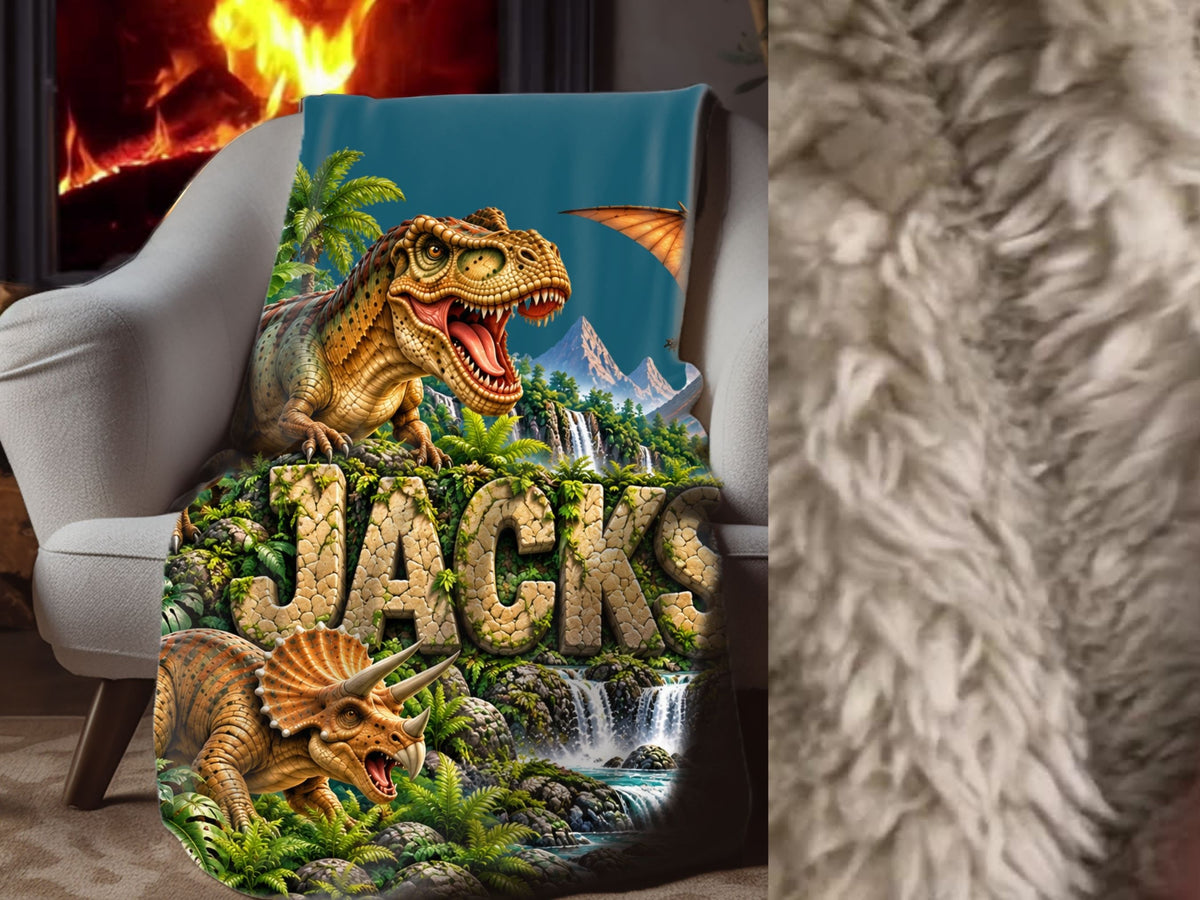 Personalized Dinosaur Blanket with Name, Custom Kids Sherpa Blanket, Dinosaur Gift for Boy