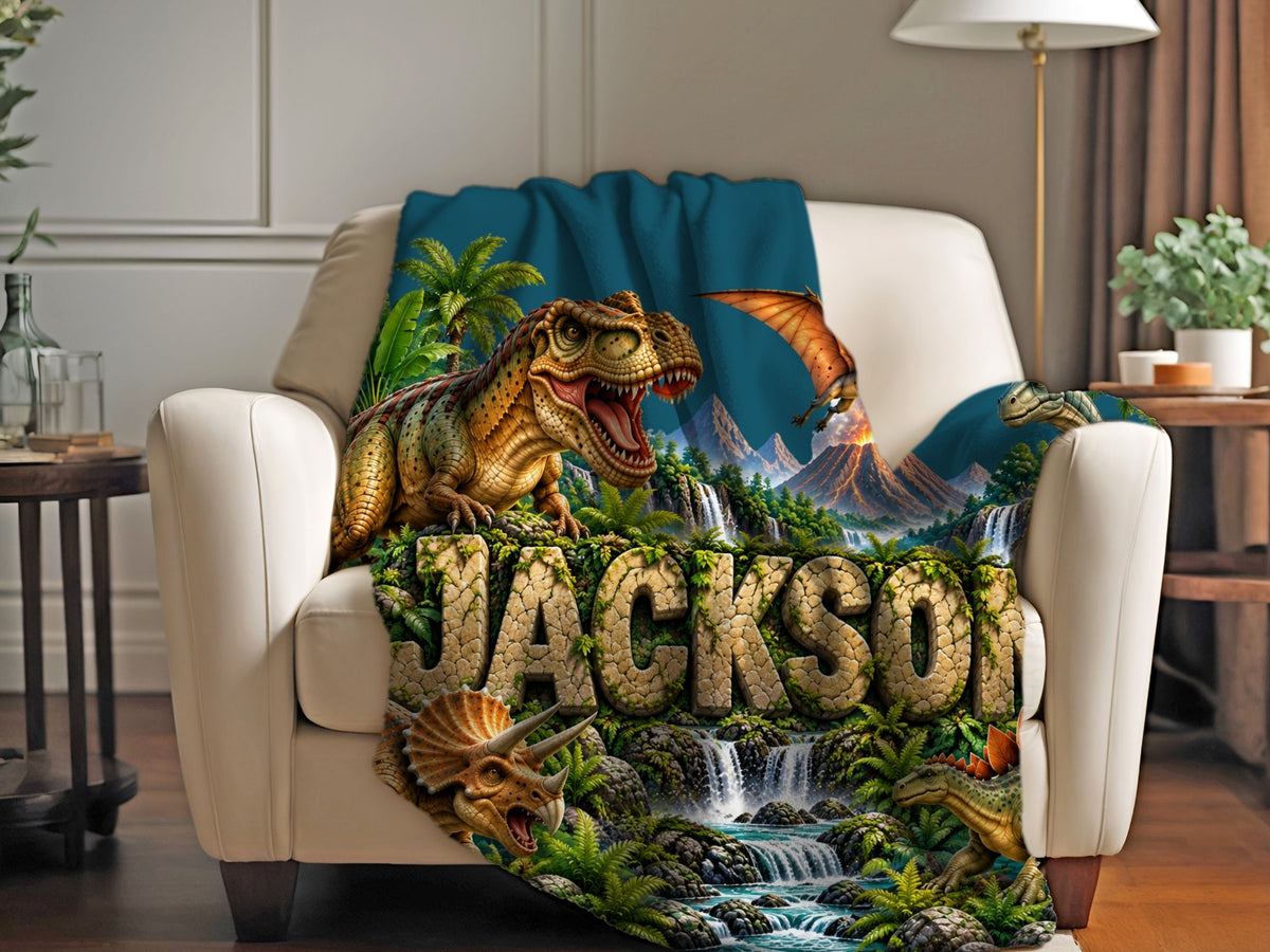 Personalized Dinosaur Blanket with Name, Custom Kids Sherpa Blanket, Dinosaur Gift for Boy